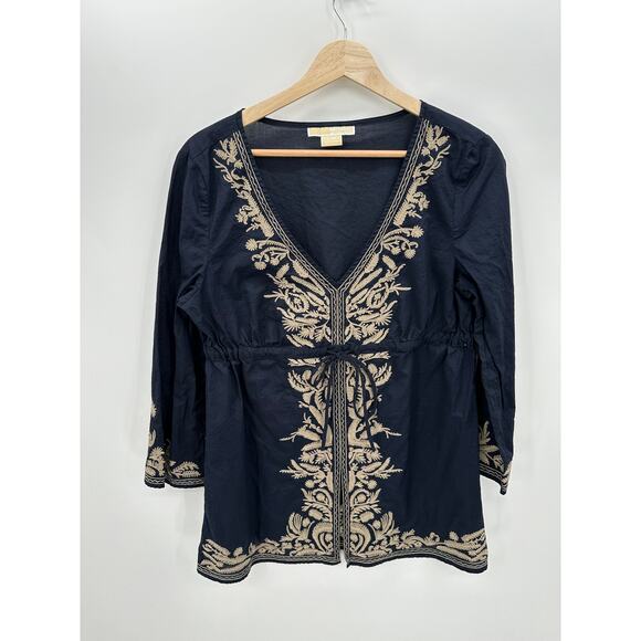 Michael Michael Kors Womens Boho Top Size L Navy Blue Resort Lightweight - Picture 1 of 7